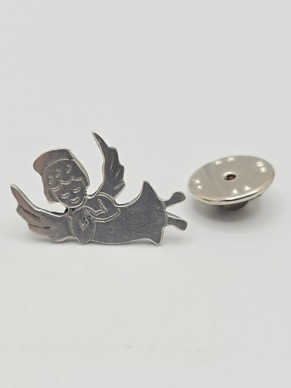 Vintage Pewter Angel Lapel Pin Guardian Angel Figural 7/8" Signed Lancaster
